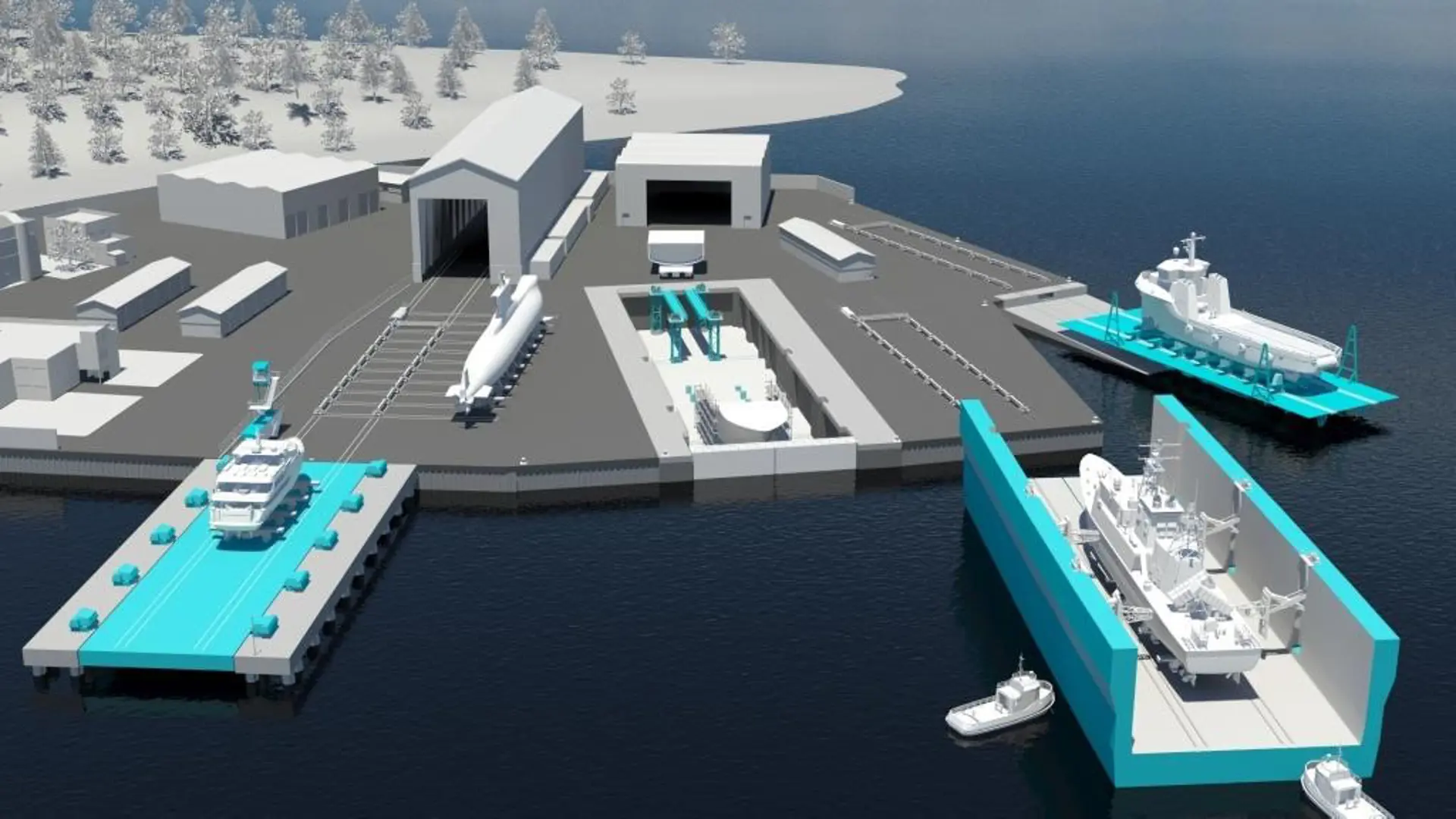 Syncrolift shiplift and transfer system in shipyard overview